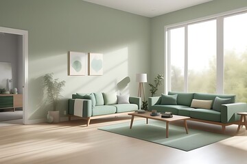 Fototapeta premium Modern living room with green worn-effect wall.