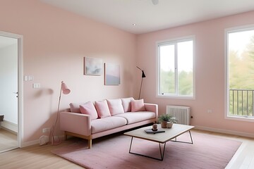 Fototapeta premium Modern living room with pink worn-effect wall.