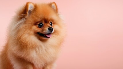 Obraz premium Adorable Pomeranian dog with fluffy fur sitting on a pastel pink background, showcasing its playful and friendly expression.