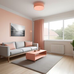 Modern living room with peach worn-effect wall.

