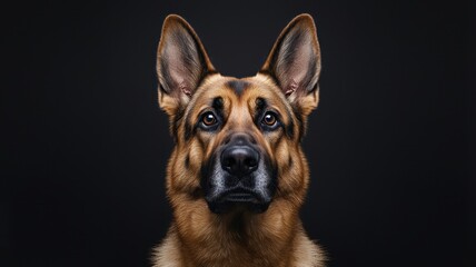 Obraz premium Majestic German Shepherd portrait on a dark background, highlighting its striking features and expressive eyes.