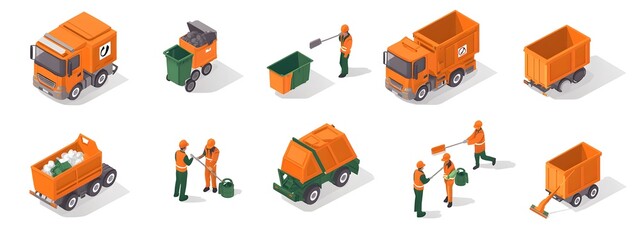 A set of orange and green icons representing garbage collection. Vector graphics on a white background depict an orange truck with trash cans in the back, a man wearing a uniform carrying