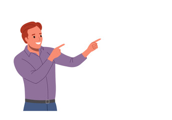 Smiling young man point up at good deal and advices use this copy space. Vector flat style illustration