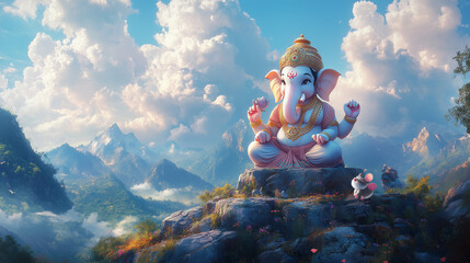 Adorable Cartoon-Style Hindu God Ganesha on Mountains with Cute Mouse