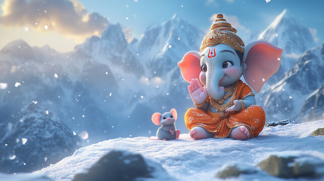 Adorable Cartoon-Style Hindu God Ganesha on Mountains with Cute Mouse