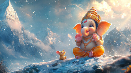 Adorable Cartoon-Style Hindu God Ganesha on Mountains with Cute Mouse