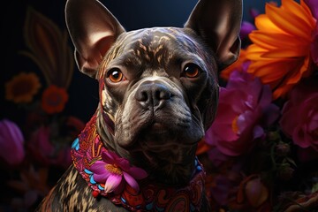 Illustration of a dog in ethnic style in a purple background, generative IA