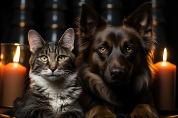 Approximate image of the muzzles of a cute dog and a cat sitting side by side, generative IA