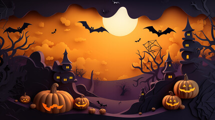 Illustration of Halloween holiday. Orange pumpkins, different scary decorations