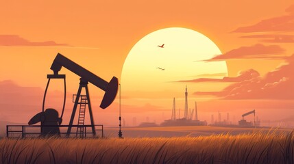 Naklejka premium It's the Golden Hour of the Oil Field: The Rhythm of the Pump Jacks
