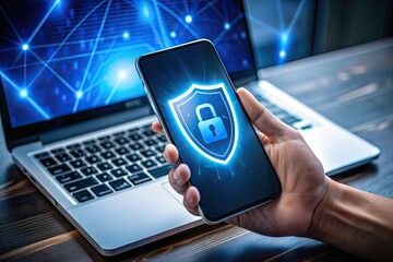 A hand holds a smartphone displaying a cybersecurity company's screen, alongside a laptop showing a tech giant's logo, highlighting the fight against global IT outages.