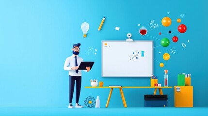 Teacher at digital whiteboard, transforming subjects with touch, remote interactive learning, flat design illustration