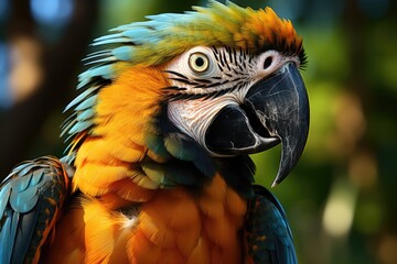 Obraz premium Majestic golden and blue macaw outdoors generated by AI, generative IA