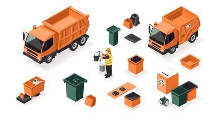 A set of orange and green icons representing garbage collection. Vector graphics on a white background depict an orange truck with trash cans in the back, a man wearing a uniform carrying