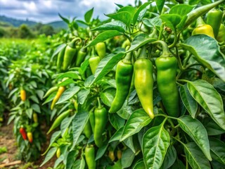 Green cayenne pepper plants that bear lots of fruit This plant is most suitable for planting in the lowlands with an altitude of 0-500 meters above sea level