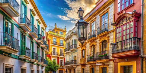 Vibrant colorful buildings with ornate balconies and wooden shutters line the narrow cobblestone streets of Cadiz's historic center, showcasing Andalusian architecture and charm.