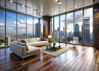 Sleek, modern interior of a high-end apartment featuring creamy walls, dark hardwood floors, and floor-to-ceiling windows with a stunning cityscape view outside.
