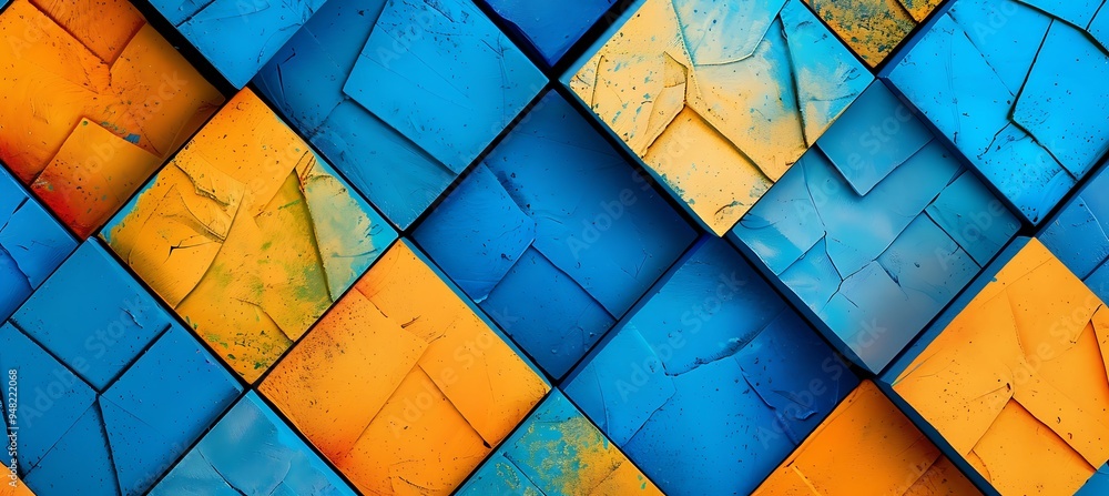 Poster abstract yellow and blue geometric backdrop with diagonal intersecting lines