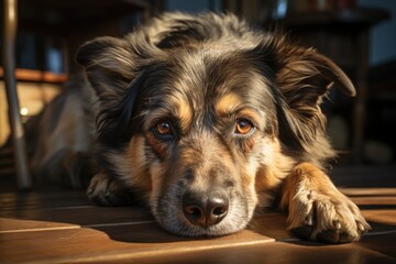 The Pug is resting in Parquate Natural, the tired dog is lying on the floor, vie, generative IA