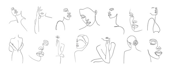 Set of abstract portrait in one line style. Woman beauty fashion concept. - Vector illustration