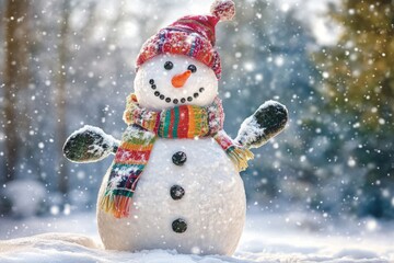 Fototapeta premium A cheerful snowman stands in a snowy landscape. It wears a colorful scarf and a red hat. This image evokes the joy of winter. Perfect for seasonal themes. Generative AI