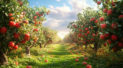 Bountiful Organic Apple Orchard - Lush Trees Laden with Ripe Apples, Vibrant 3D Illustration of Harvest Time Bounty