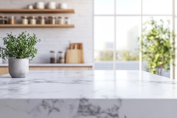 This spacious kitchen has a large marble bench and a soothing color palette, making it perfect for contemporary cooking and socializing with family and friends in a warm, inviting ambiance