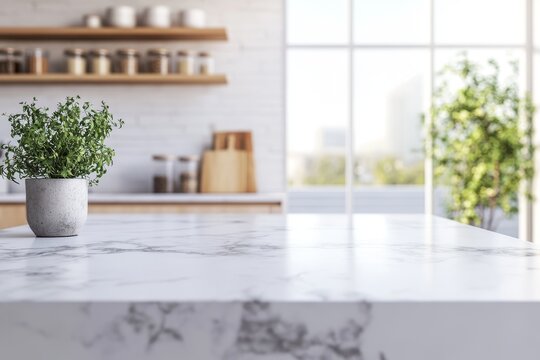 This spacious kitchen has a large marble bench and a soothing color palette, making it perfect for contemporary cooking and socializing with family and friends in a warm, inviting ambiance