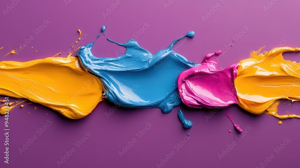 Poster dynamic abstract strokes of bright yellow, blue, and pink paint on a purple background, creating a c