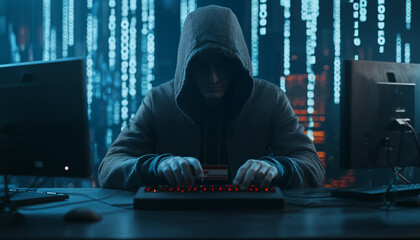 Cyber crime, cyber attack. A man in a hood sits at a computer. On the background of flashing numbers, codes.
