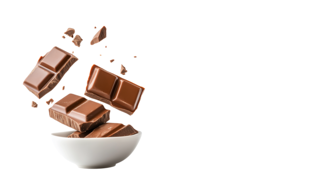 Broken chunks of dark and milk chocolate floating to white bowl isolated on transparent background