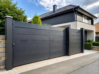 Modern anthracite-colored panel fence with sliding gate leading to garage and adjacent wicket gate featuring a built-in letterbox, exuding sleek contemporary style.
