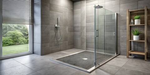 Modern shower cabin with ceramic tiles and glass door features a sleek metal floor drain hole, allowing efficient water drainage in a minimalist bathroom setting.