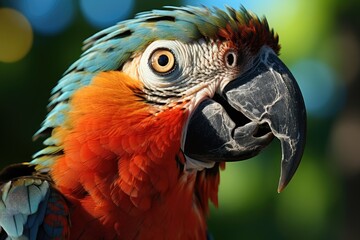 Vertical shot of an outdoor macaw parrot in a park during the day, generative IA