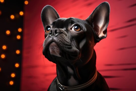 A dog with red glasses and black nose is in front of a colored wall., generative IA