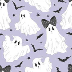 Cute ghost vector seamless pattern. Coquette Halloween background.