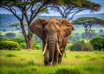 Obraz premium A majestic African elephant bull, with tusks gleaming in the golden light, makes its way through the savannah, amidst acacia trees and lush green grasslands.