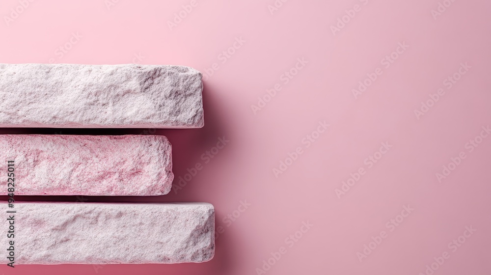 Poster an artistic image displaying three pink stone bricks arranged horizontally against a smooth pink bac