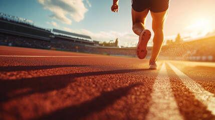 A determined athlete in mid-sprint on a track, sweat glistening under the intense sunlight, with the finish line visible in the distance, representing the culmination of hard work and dedication