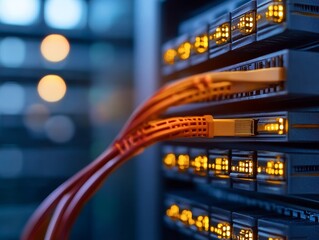 high-speed data transmission with fiber optic cables in a modern server rack, network infrastructure and connectivity concept.