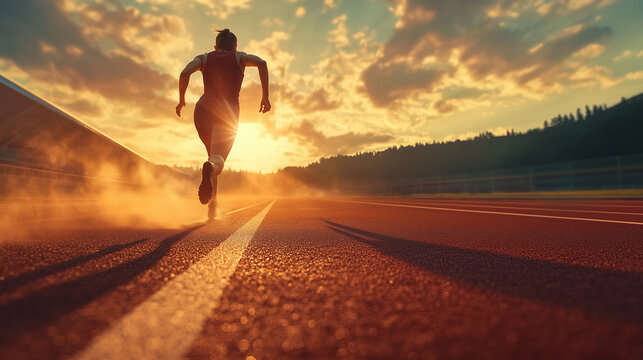 A determined athlete in mid-sprint on a track, sweat glistening under the intense sunlight, with the finish line visible in the distance, representing the culmination of hard work and dedication