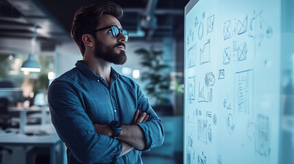 A young entrepreneur sketching ideas on a whiteboard in a modern office, surrounded by prototypes and innovative tools, representing the creativity and hard work that drive business success