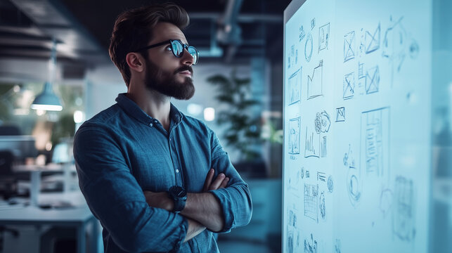 A young entrepreneur sketching ideas on a whiteboard in a modern office, surrounded by prototypes and innovative tools, representing the creativity and hard work that drive business success