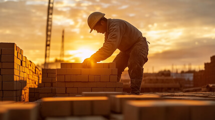 Fototapeta premium A construction worker laying bricks with precision on a building site at sunrise, the emerging structure behind them representing the tangible results of effort and teamwork