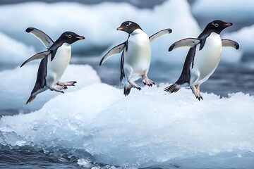 Obraz premium Adelie penguins jumping from ice floes in the sea