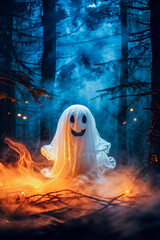 a funny halloween ghost in the forest at night with red and blue light