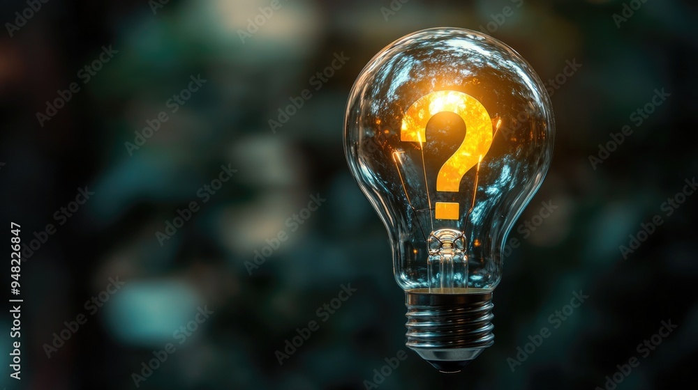 Poster conceptual image of a light bulb with a question mark glowing inside, symbolizing inquiry and the sp