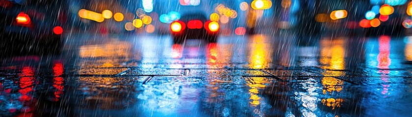 Obraz premium Light rain falling on a city street at night, wet weather, reflections on the pavement