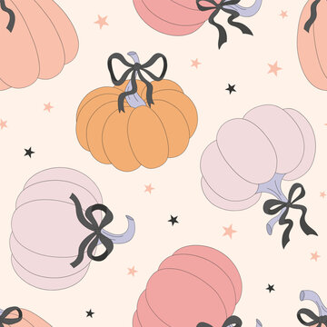Pumpkins with black bows vector seamless pattern. Coquette Halloween background.