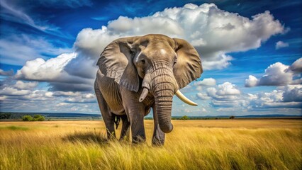 Fototapeta premium Majestic African elephant bull with tusks and wrinkled gray skin roaming freely in savannah grasslands under a clear blue sky with fluffy white clouds.